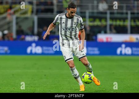 Mattia De Sciglio vom FC Juventus während des Fußballspiels Coppa Italia 2022/23 Semi Final 2. Leg zwischen dem FC Internazionale und dem FC Juventus im Giuseppe Meazza Stadium in Aktion. Endstand: FC Internazionale 1:0 Juventus FC Stockfoto