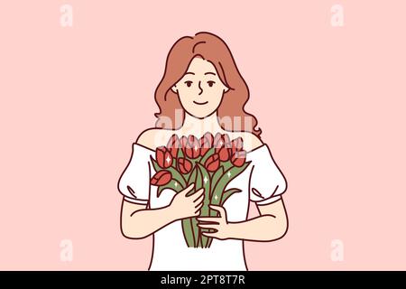 Porträt einer Frau mit Blumen in den Händen Stock Vektor