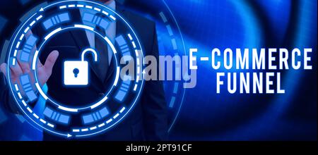 Hand schreiben Zeichen E Commerce Funnel, Konzept bedeutet geplante Änderungen in der Art und Weise, wie ein Schulsystem funktioniert Geschäftsmann zeigt auf Unlock Gathering Cru Stockfoto