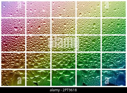 Eine Collage aus vielen verschiedenen Fragmenten aus Glas, mit regen Tropfen aus dem Kondensat eingerichtet. Regenbogen Farben Stockfoto