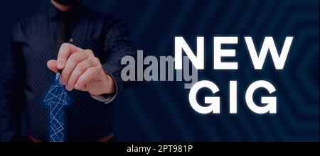 Konzeptpräsentation New Gig, Business Showcase Jobsuche Teilnahme an Live Concert Gigabyte Freelancer Angebot Stockfoto