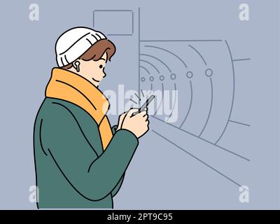 Ein junger Mann mit Kopfhörern benutzt ein Handy, das auf die Metro wartet. Ein Typ mit Smartphone in der U-Bahn. Öffentliche Verkehrsmittel. Vektordarstellung. Stockfoto