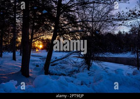 Sonnenaufgang am East Fork des Chippewa River im Norden von Wisconsin. Stockfoto