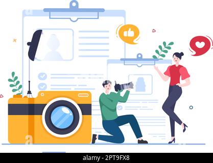 Model Portfolio Template Handgezeichnete Cartoon Flat Illustration mit Manager der Modeling Agency und Fotograf machen Fotos von Model in Platform Design Stock Vektor