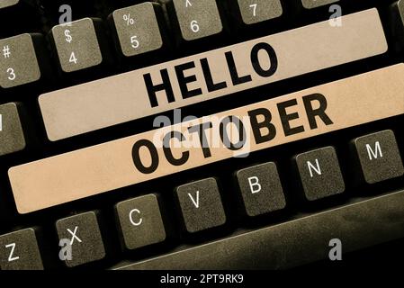 Konzeptionelle Überschrift Hallo Oktober, Begrüßung zum Geschäftsansatz bei der Begrüßung des 10. Monats des Jahres Stockfoto
