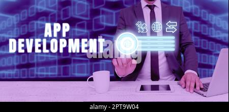 Textunterschrift Präsentation der App-Entwicklung, Geschäftsübersicht Produktion von Computersoftware für einen speziellen Zweck Stockfoto