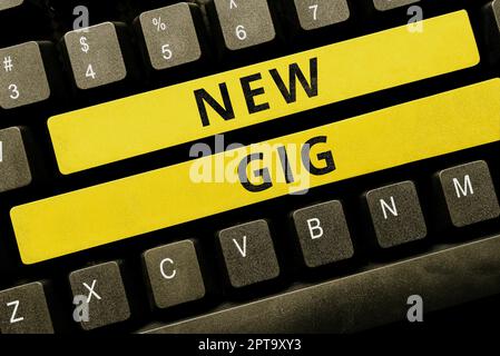 Konzeptdarstellung New Gig, Business Idea Job bekommen Teilnahme Live Konzert Gigabyte Freelancer Angebot Stockfoto