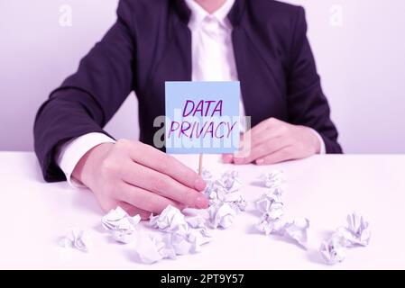 Textunterschrift zur Darstellung des Datenschutzes, zur Darstellung der Internetsicherheit in Unternehmen und zum digitalen Schutz der Website oder Landing Homepage Stockfoto