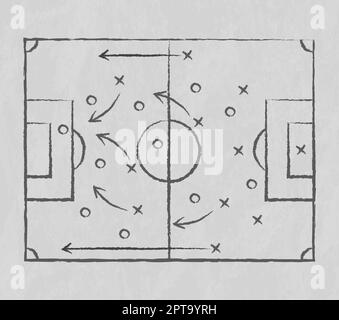 Fußball- und Fußballtaktik mit Kreide gezeichnet, Marker auf einem weißen Brett - Vektorgrafik Stockfoto