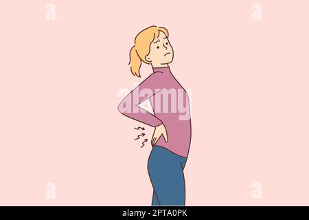 Junge Frauen, die sich strecken, leiden unter Rückenschmerzen. Ungesunde weibliche Übungskämpfe mit schmerzhaften Spasmen oder Belastungen im unteren Rückenbereich. Gesundheitswesen. Vector Illustrati Stockfoto