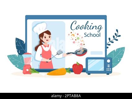 Live Streaming Online Kochen mit dem Koch in der Klasse Lernen Sie selbst zubereitetes Essen und verschiedene Gerichte in flacher Cartoon Hand Drawn Template Illustration Stockfoto