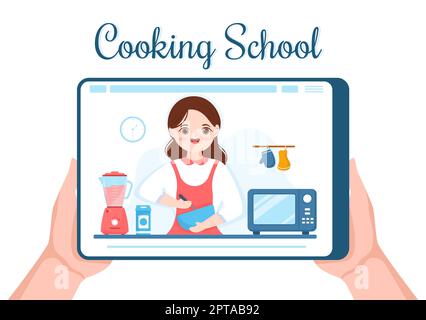 Live Streaming Online Kochen mit dem Koch in der Klasse Lernen Sie selbst zubereitetes Essen und verschiedene Gerichte in flacher Cartoon Hand Drawn Template Illustration Stockfoto