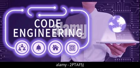 Inspiration zeigt Zeichen Code Engineering, Geschäftsidee signifikante Ideen, die vollständig oder teilweise unterdrückt Geschäftsfrau Holding Ein Tablet mit Stockfoto