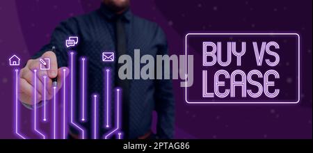 Schild mit Anzeige von Kauf vs. Leasing, Word für eigenes etwas vs. Ausleihen Vorteile Nachteile Stockfoto