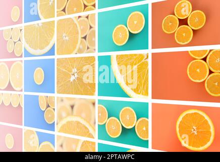Eine Collage von vielen Bildern mit saftigen Orangen. Einstellen von Bildern mit Früchten auf Hintergründe in verschiedenen Farben Stockfoto