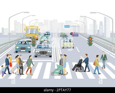 Menschen auf dem Fußgängerweg und Straßenverkehr, Illustration Stock Vektor