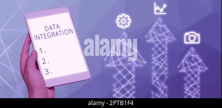 Handgeschriebenes Schild DatenintegrationKombination aus technischen und geschäftlichen Prozessen zu kombinieren, Word geschrieben auf Kombination aus technischer und geschäftlicher PR Stockfoto