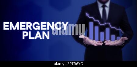 Textunterschrift präsentiert Notfallplan, Konzeptfoto zusätzliche Entschädigung Bonus Subventionen Incentives Zertifikate Dame in Anzug mit Stift-Symbol Stockfoto