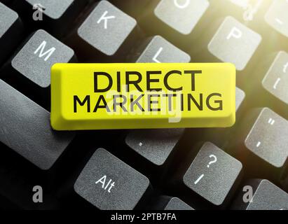 Schreiben Anzeige Text Direct Marketing, Wort geschrieben auf Geschäft des Verkaufs von Dienstleistungen direkt an die öffentliche Computer-Tastatur und Symbol.Information Stockfoto
