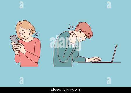 Menschen, die mit Geräten arbeiten, leiden an Nackenproblemen. Benutzer, die von Geräten abhängig sind, haben mit Rückenschmerzen oder Spasmen zu kämpfen. Das Problem der sitzenden Position. V Stockfoto