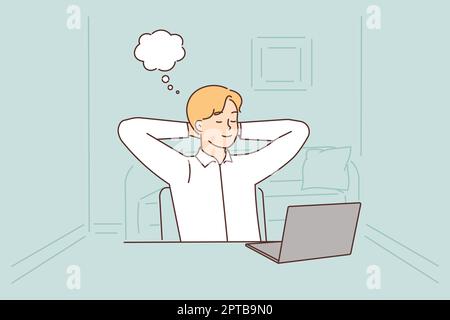 Ein junger Mann sitzt am Schreibtisch und ist von der Computerarbeit abgelenkt, träumt und visualisiert. Glücklicher Geschäftsmann macht eine Pause von einem Laptop-Job und macht ein Nickerchen. Vektor-Illustration Stockfoto