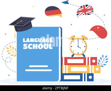 Vorlage für Sprachschulen Handgezeichneter Cartoon flache Illustration von Online-Lernen, Kursen, Trainingsprogramm und Fremdsprachen im Ausland studieren Stock Vektor