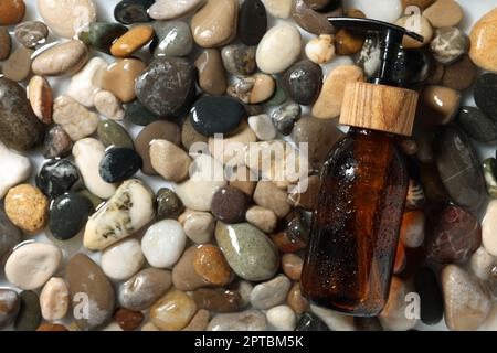 Flasche Kosmetikartikel auf nassen Steinen, Draufsicht. Platz für Text Stockfoto