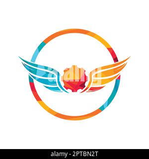 Vektorlogo mit Flügeln. Zahnrad mit Flügeln und Ikone. Stock Vektor