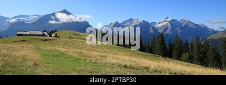 Bergkette vom Mount Wispile, Gstaad aus gesehen. Stockfoto