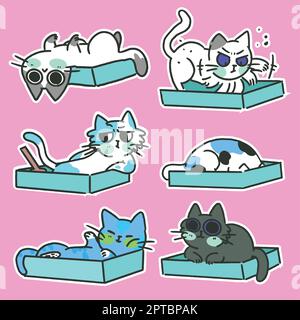 Katze in verschiedenen Posen mit Kiste-Cartoon-Set Stock Vektor