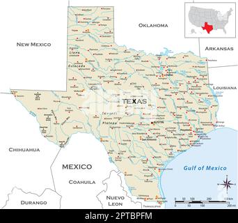 Sehr detaillierte physische Karte des US-Bundesstaates Texas Stock Vektor