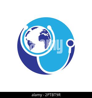 Vorlage für das World Care Vector Logo. Globe-Zeichen und Stethoskop Arzt-Vektor-Logo-Design-Vorlage. Stock Vektor