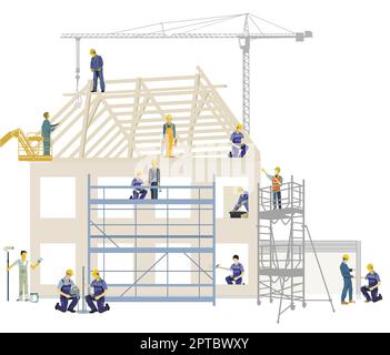 Handwerker und Baumeister renovieren ein Haus, isoliert auf weiß, Illustration Stock Vektor