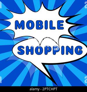 Konzeptunterschrift Mobile Shopping, Geschäftsübersicht zum Kauf von Waren, die mit einer Handyfrau in VR-Brille und mit dem Hinweis auf Imp durchgeführt werden Stockfoto