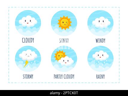 Arten von Wetterbedingungen mit sonnig, bewölkt, windigen, regnerisch, Schnee und stürmisch in Vorlage Hand gezeichnet Cartoon flache Illustration Stockfoto