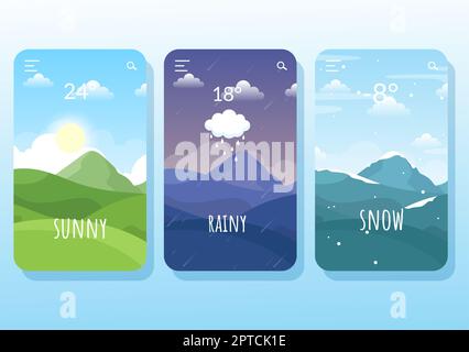 Arten von Wetterbedingungen mit sonnig, bewölkt, windigen, regnerisch, Schnee und stürmisch in Vorlage Hand gezeichnet Cartoon flache Illustration Stockfoto