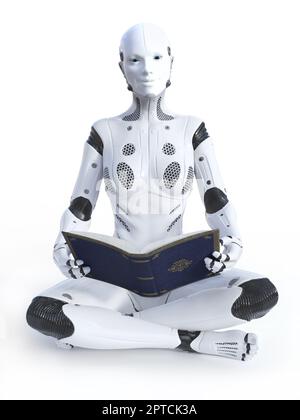 3D Darstellung einer robotischen Frau, die mit gekreuzten Beinen auf dem Boden sitzt und lächelt, während sie ein Buch hält. Weißer Hintergrund. Stockfoto