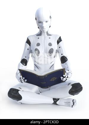 3D Darstellung einer robotischen Frau, die mit gekreuzten Beinen auf dem Boden sitzt und ein Buch liest. Weißer Hintergrund. Stockfoto