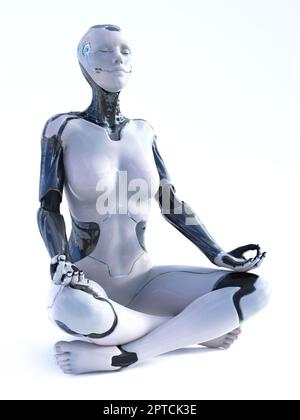 3D Darstellung einer robotischen Frau, die mit gekreuzten Beinen auf dem Boden in Lotuspose sitzt und mit den Fingern eine Gyan-Mudra macht und meditiert. Weißer Hintergrund. Stockfoto