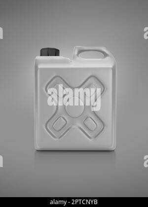 Leere Verpackung, graue Kunststoffgallone auf grauem Hintergrund. 3D-Rendern Stockfoto