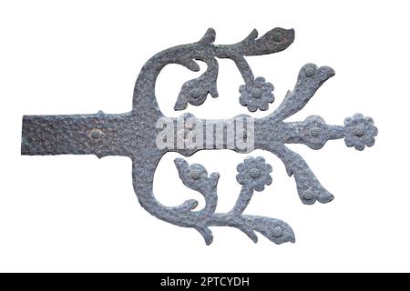 Vorderansicht Nahaufnahme von metallischen vintage schwarzen Tür Blume Ornament isoliert auf weißem Hintergrund Stockfoto