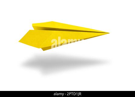 Gelbes Papier Flugzeug Origami isoliert auf einem weißen Hintergrund Stockfoto