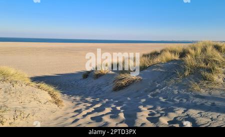 Blick auf den Ferienort Port Zelande und seine Umgebung auf den See und die Dünen unter einem teilweise blauen Himmel Stockfoto