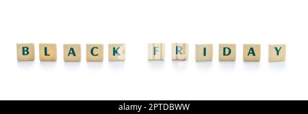 Schwarzer freitagstext auf weißem Hintergrund isoliert. Stockfoto