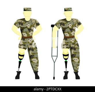 Soldat auf einer Prothese in Militäruniform. Behinderte Person mit Prothese. Prothetik. Vektordarstellung eines Dienstmannes Stockfoto