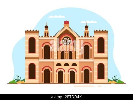 Synagogengebäude oder jüdischer Tempel mit religiösem, hebräischem oder Judentum und Judenanbetung in Vorlage Hand gezeichnete Cartoon flache Illustration Stockfoto