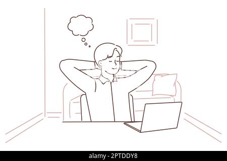 Ein junger Mann sitzt am Schreibtisch und ist von der Computerarbeit abgelenkt, träumt und visualisiert. Glücklicher Geschäftsmann macht eine Pause von einem Laptop-Job und macht ein Nickerchen. Vektor-Illustration Stockfoto