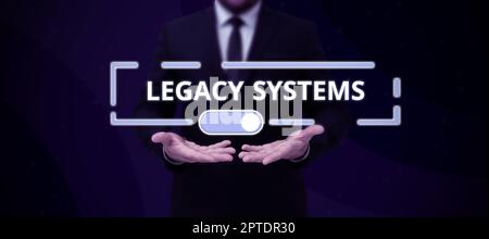 Schild, das Legacy-Systeme, Geschäftsüberblick Buch oder andere Sammlung von Finanzkonten flache Steinplatte anzeigt Stockfoto