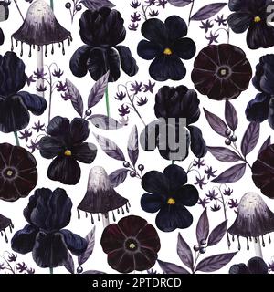Gotisches Blumenmuster mit wasserfarbenen Samtblumen in Schwarz und Lila. Textil- und Designdruck im viktorianischen Luxusstil. Stockfoto