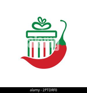 Design-Vorlage für „Spicy Gift Vector“-Logo. Rotes Chili-Logo mit Vektormuster. Stock Vektor